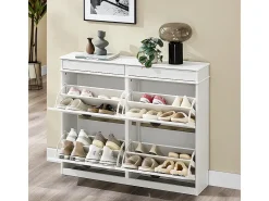 SoBuy Sapateira Fina Economizadora de Espaço com 4 Portas Dobráveis para Entrada Corredor ou Quarto Efeito Madeira Envelhecida Branca 103x23x82cm
