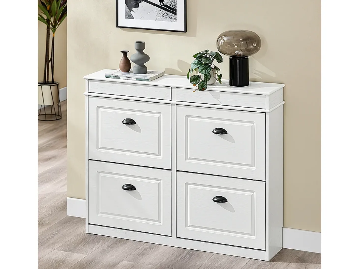 SoBuy Sapateira Fina Economizadora de Espaço com 4 Portas Dobráveis para Entrada Corredor ou Quarto Efeito Madeira Envelhecida Branca 103x23x82cm