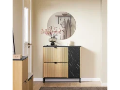SoBuy Sapateira fina economizadora de espaço com 2 portas rebatíveis para 8 pares de sapatos design moderno em mármore preto e madeira clara fixação anti-inclinação