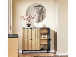 SoBuy Sapateira fina economizadora de espaço com 2 portas rebatíveis para 8 pares de sapatos design moderno em mármore preto e madeira clara fixação anti-inclinação