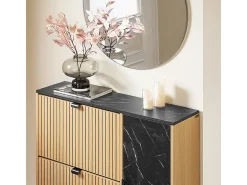 SoBuy Sapateira fina economizadora de espaço com 2 portas rebatíveis para 8 pares de sapatos design moderno em mármore preto e madeira clara fixação anti-inclinação