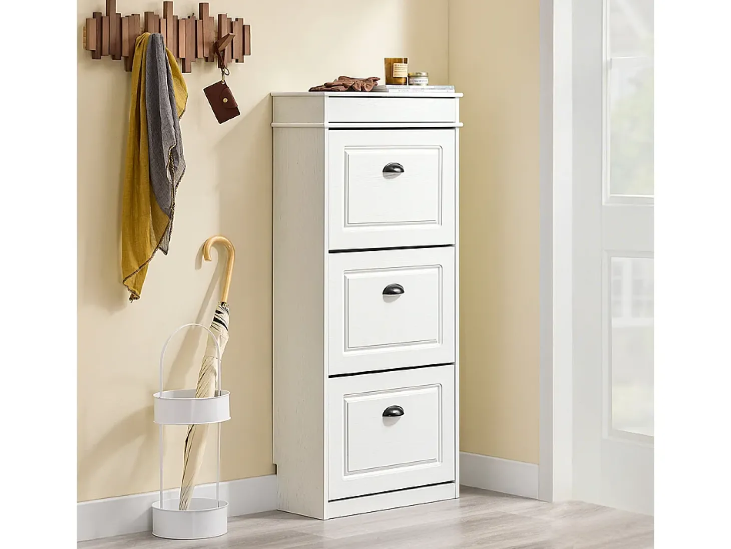SoBuy Sapateira Fina Economizadora de Espaço com 3 Portas Dobráveis Efeito Madeira Envelhecida Branca 53x24x118cm
