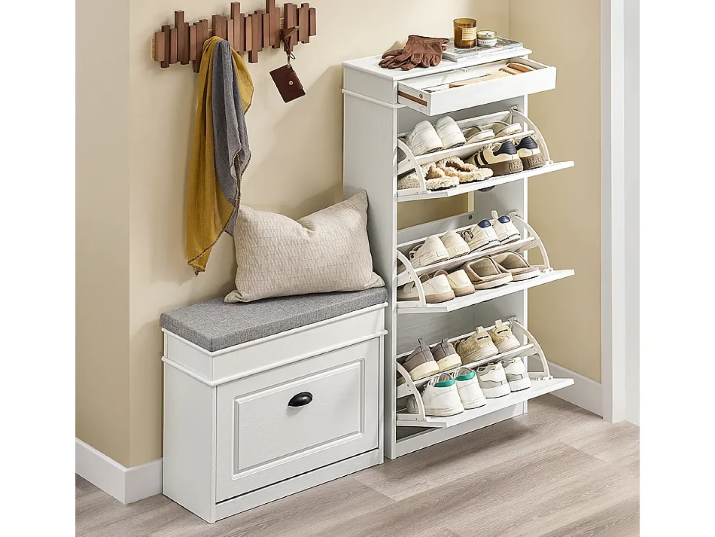 SoBuy Sapateira Fina Economizadora de Espaço com 3 Portas Dobráveis Efeito Madeira Envelhecida Branca 53x24x118cm
