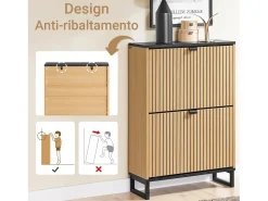 SoBuy Sapateira Slim 2 portas poupa espaço moderna para 8-12 pares estrutura resistente efeito mármore preto e madeira clara 60x24x88cm
