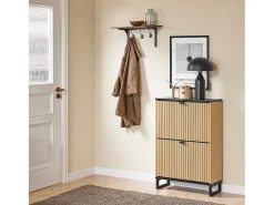 SoBuy Sapateira Slim 2 portas poupa espaço moderna para 8-12 pares estrutura resistente efeito mármore preto e madeira clara 60x24x88cm