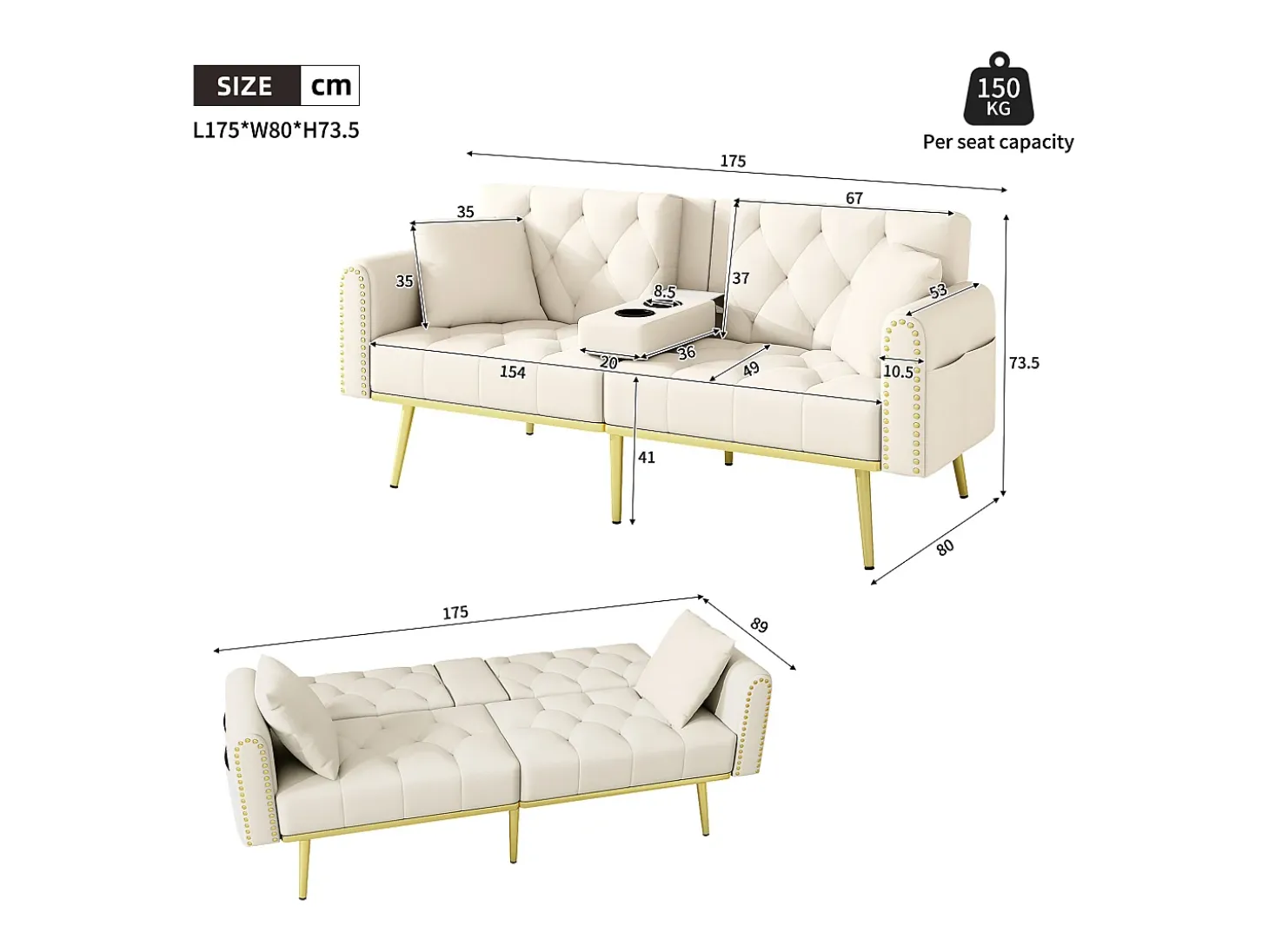 Sofá 2 lugares - com função relax - três posições de inclinação ajustáveis - porta-copos incluído - bege