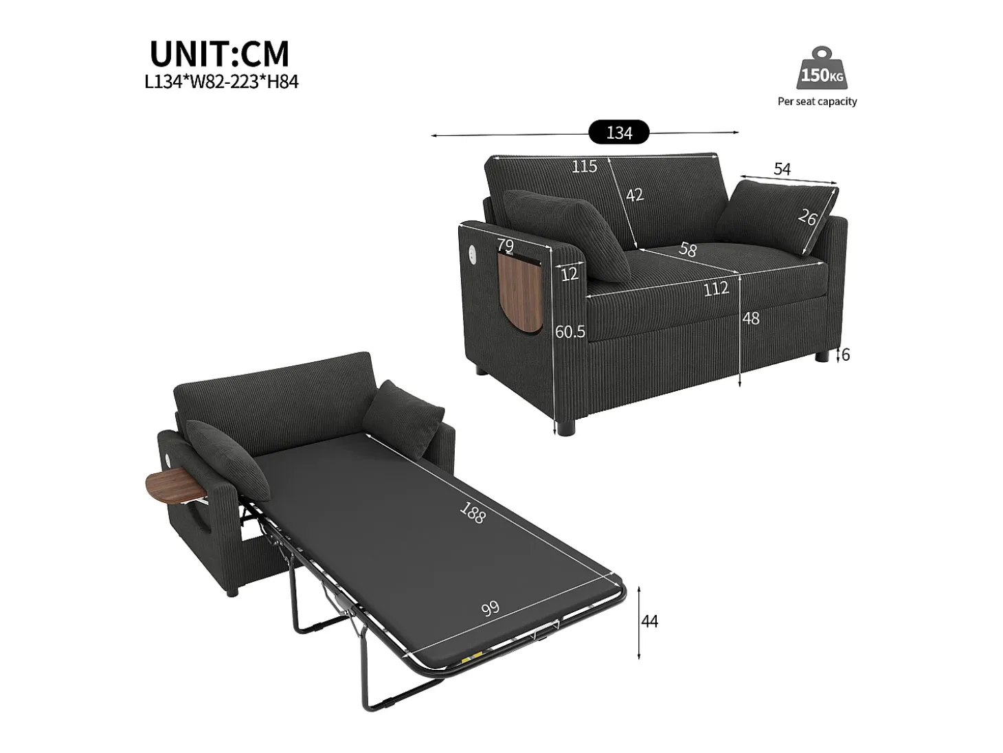 Sofá 2 lugares - con porta USB - con mesinha auxiliar dobrável - con 2 almofadas - veludo canelado - cinza