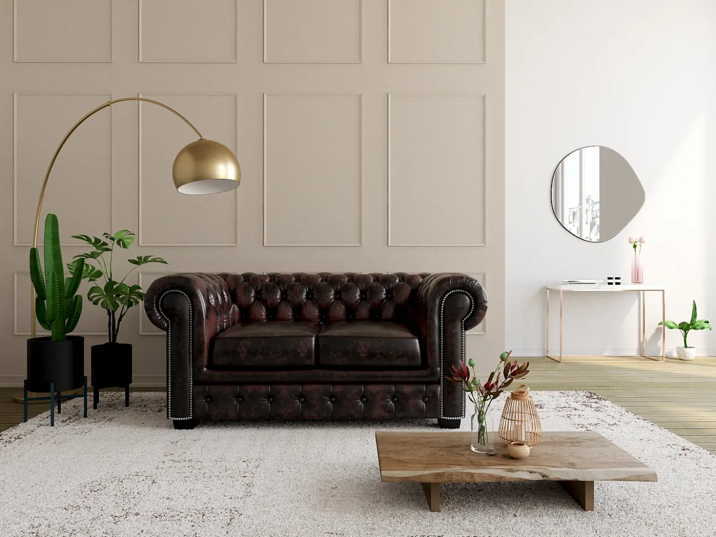 Sofá 2 lugares 100% pele de búfalo Castanho estilo chesterfield - BRENTON