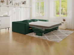 Sofá 3 lugares abertura rápida veludo canelado verde pinho, cama 140 cm, colchão 14 cm