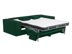 Sofá 3 lugares abertura rápida veludo canelado verde pinho, cama 140 cm, colchão 14 cm