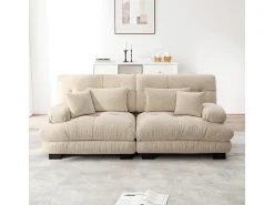 Sofá 2 lugares bege - com 4 almofadas - estrutura madeira maciça + tecido pelúcia - 220x77x81cm