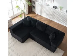 Sofá 3 lugares canto esquerdo modular - Veludo canelado Preto - 2 travesseiros, chaise - 258x155x89cm