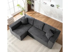 Sofá 3 lugares canto esquerdo modular - Veludo canelado Cinzento - 2 travesseiros, chaise - 258x155x89cm
