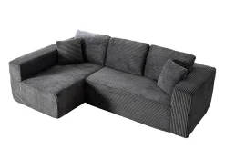 Sofá 3 lugares canto esquerdo modular - Veludo canelado Cinzento - 2 travesseiros, chaise - 258x155x89cm