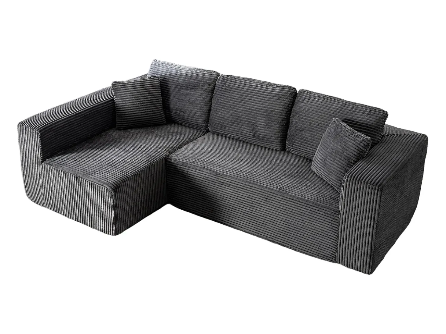 Sofá 3 lugares canto esquerdo modular - Veludo canelado Cinzento - 2 travesseiros, chaise - 258x155x89cm