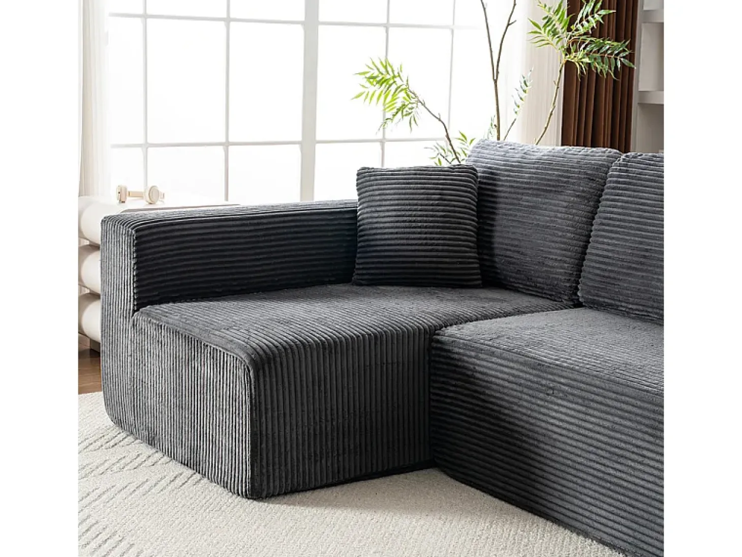 Sofá 3 lugares canto esquerdo modular - Veludo canelado Cinzento - 2 travesseiros, chaise - 258x155x89cm
