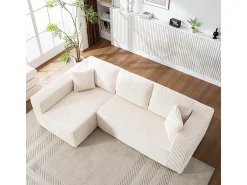 Sofá 3 lugares canto esquerdo modular - Veludo canelado Bege - 2 travesseiros, chaise - 258x155x89cm