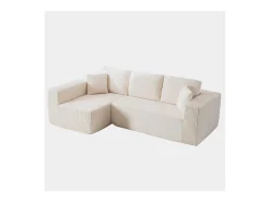 Sofá 3 lugares canto esquerdo modular - Veludo canelado Bege - 2 travesseiros, chaise - 258x155x89cm