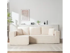 Sofá 3 lugares canto esquerdo modular - Veludo canelado Bege - 2 travesseiros, chaise - 258x155x89cm
