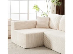 Sofá 3 lugares canto esquerdo modular - Veludo canelado Bege - 2 travesseiros, chaise - 258x155x89cm