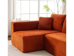 Sofá 3 lugares canto esquerdo modular - Veludo canelado Laranja - 2 travesseiros, chaise - 258x155x89cm