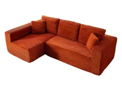 Sofá 3 lugares canto esquerdo modular - Veludo canelado Laranja - 2 travesseiros, chaise - 258x155x89cm