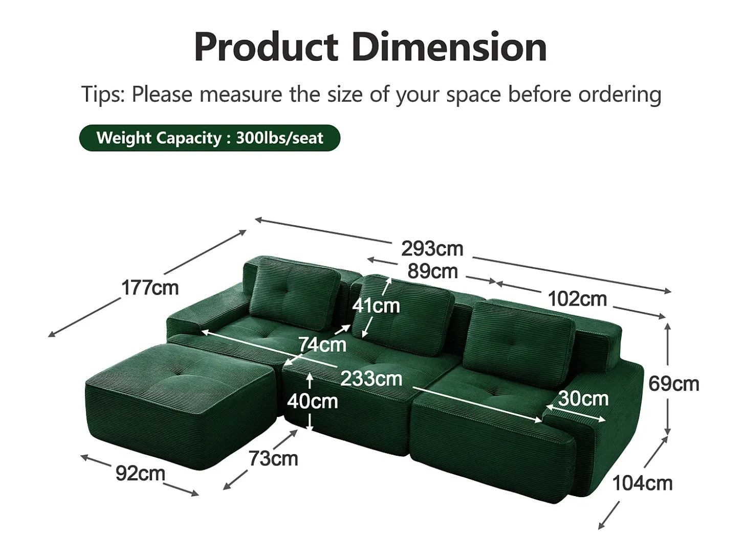 Sofá 3 lugares Canto Modular em Veludo cotelê, com puff e 3 almofadas, 293x177x69cm, Verde