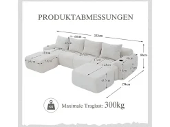 Sofá 4 lugares canto modular veludo canelado, 2 pufes e 4 almofadas, 333x174x80cm, Bege