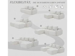 Sofá 4 lugares canto modular veludo canelado, 2 pufes e 4 almofadas, 333x174x80cm, Bege