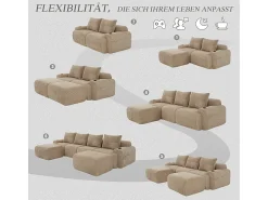 Sofá 4 lugares canto modular veludo canelado, 2 pufes e 4 almofadas, 333x174x80cm, Cáqui
