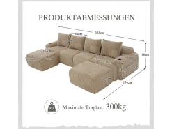 Sofá 4 lugares canto modular veludo canelado, 2 pufes e 4 almofadas, 333x174x80cm, Cáqui