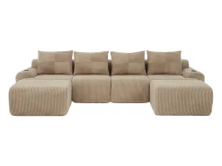 Sofá 4 lugares canto modular veludo canelado, 2 pufes e 4 almofadas, 333x174x80cm, Cáqui