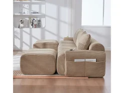 Sofá 4 lugares canto modular veludo canelado, 2 pufes e 4 almofadas, 333x174x80cm, Cáqui