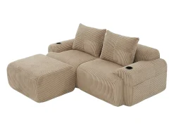 Sofá 2 lugares canto modular veludo canelado, pufe, porta-copos e bolso, 200x174x80cm, Cáqui