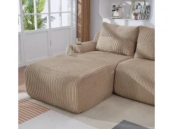 Sofá 2 lugares canto modular veludo canelado, pufe, porta-copos e bolso, 200x174x80cm, Cáqui