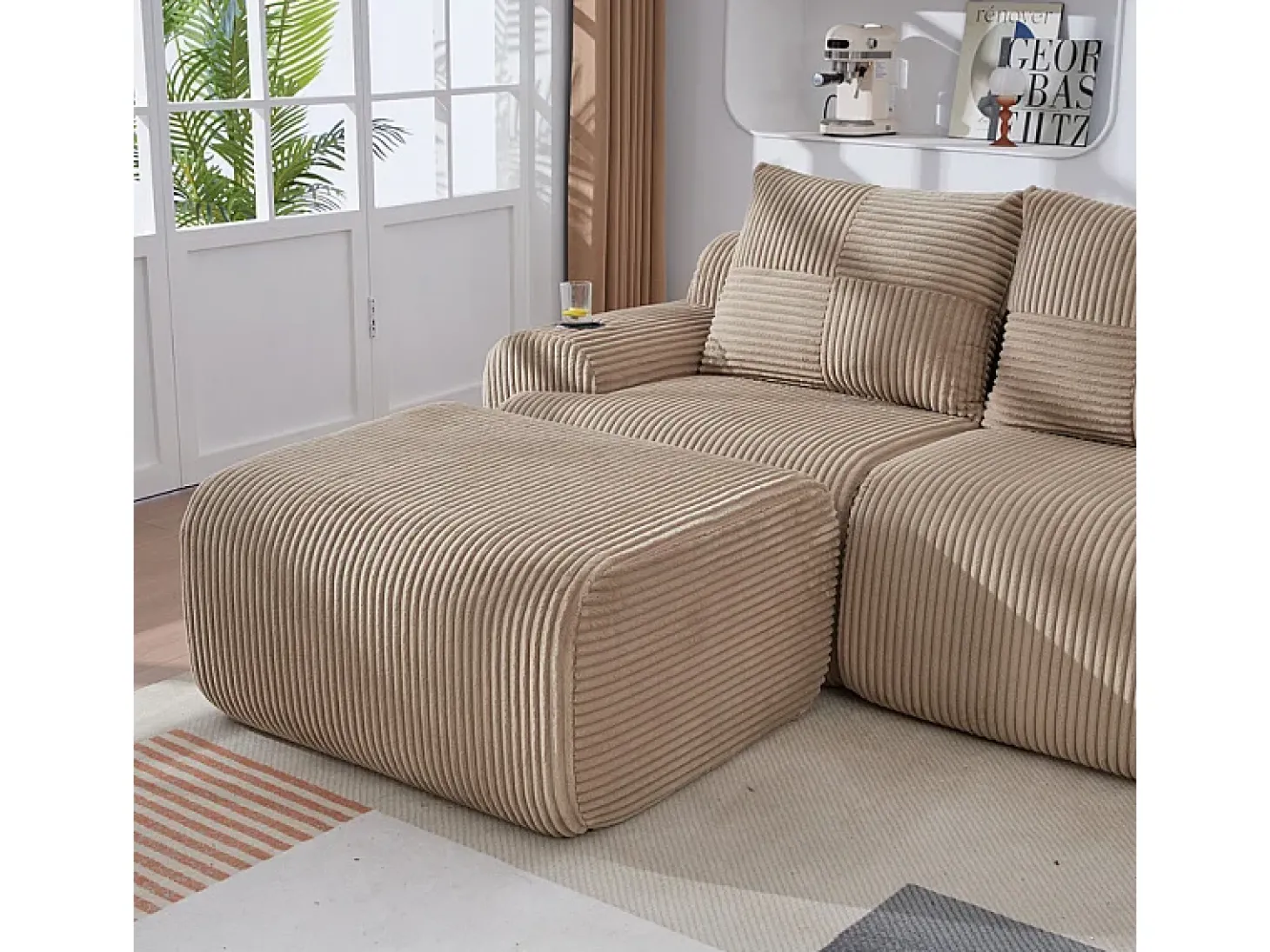 Sofá 2 lugares canto modular veludo canelado, pufe, porta-copos e bolso, 200x174x80cm, Cáqui