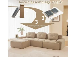 Sofá 3 lugares Canto Modular em Veludo cotelê, com puff e 3 almofadas, 293x177x69cm, Bege
