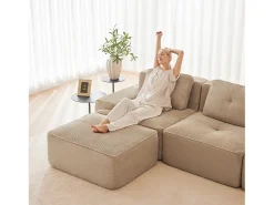 Sofá 3 lugares Canto Modular em Veludo cotelê, com puff e 3 almofadas, 293x177x69cm, Bege