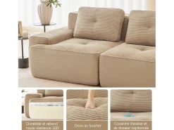 Sofá 3 lugares Canto Modular em Veludo cotelê, com puff e 3 almofadas, 293x177x69cm, Bege