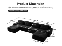 Sofá 4 lugares Canto Modular em Veludo cotelê, com 2 puffs e 4 almofadas, 382x177x69cm, Preto