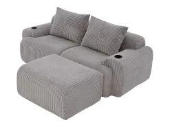 Sofá 2 lugares canto modular veludo canelado, pufe, porta-copos e bolso, 200x174x80cm, Cinzento claro