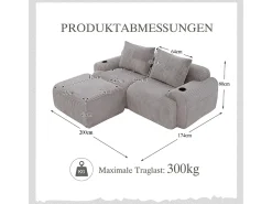 Sofá 2 lugares canto modular veludo canelado, pufe, porta-copos e bolso, 200x174x80cm, Cinzento claro