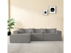 Sofá 3 lugares canto modular - Veludo canelado cinzento - pufe e 4 travesseiros - 277x165.5x65.5cm