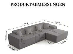 Sofá 3 lugares canto modular - Veludo canelado cinzento - pufe e 4 travesseiros - 277x165.5x65.5cm