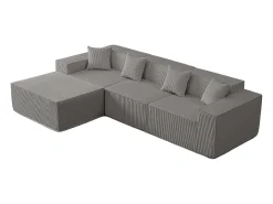 Sofá 3 lugares canto modular - Veludo canelado cinzento - pufe e 4 travesseiros - 277x165.5x65.5cm