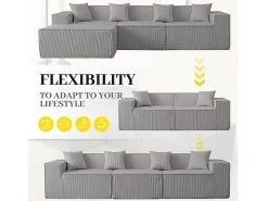 Sofá 3 lugares canto modular - Veludo canelado cinzento - pufe e 4 travesseiros - 277x165.5x65.5cm