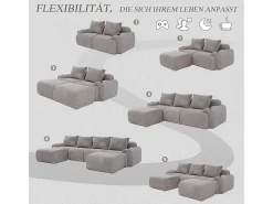 Sofá 4 lugares canto modular veludo canelado, 2 pufes e 4 almofadas, 333x174x80cm, Cinzento claro