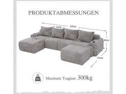 Sofá 4 lugares canto modular veludo canelado, 2 pufes e 4 almofadas, 333x174x80cm, Cinzento claro