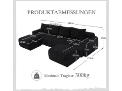 Sofá 4 lugares canto modular veludo canelado, 2 pufes e 4 almofadas, 333x174x80cm, Preto