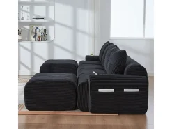 Sofá 4 lugares canto modular veludo canelado, 2 pufes e 4 almofadas, 333x174x80cm, Preto